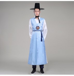 Light blue navy men's male long length traditional hanbok korean palace wedding  party cos play performance dance costumes dresses